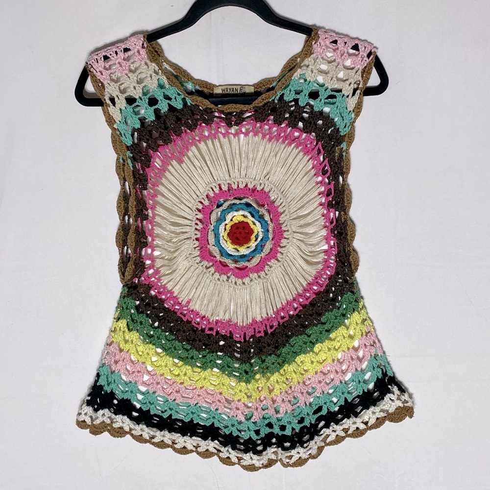 Wayan Natural Wear Multicolour Crochet Knit Sleeveless Top S Boho Whimsigoth